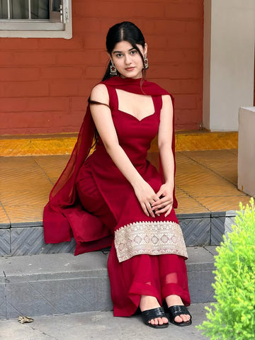 Masakali Designer Embroidered Georgette Palazzo Suit Set (Maroon)