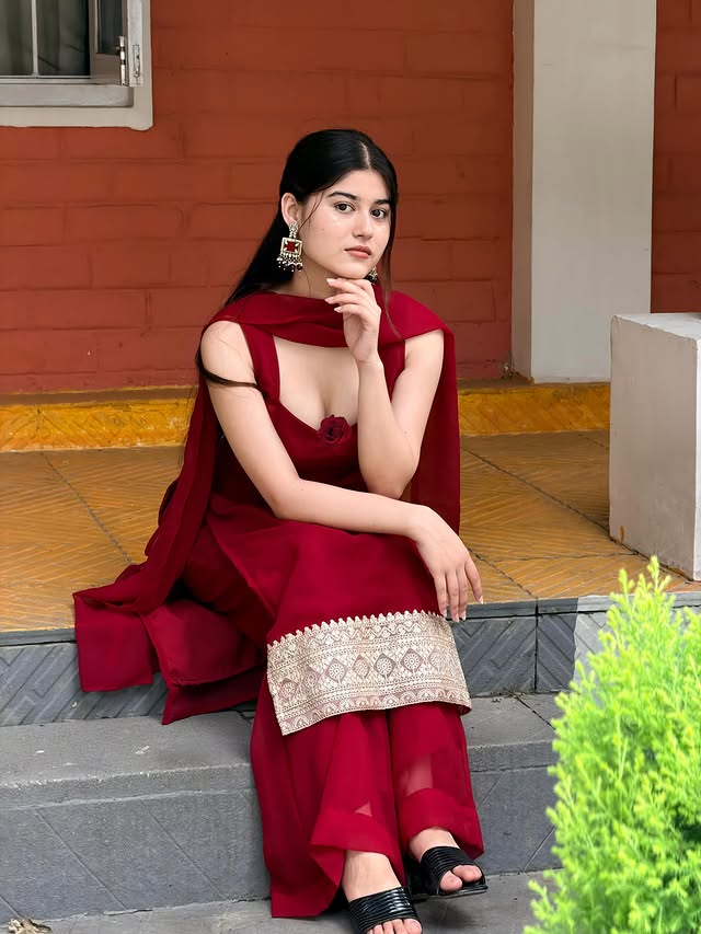 Masakali Designer Embroidered Georgette Palazzo Suit Set (Maroon)
