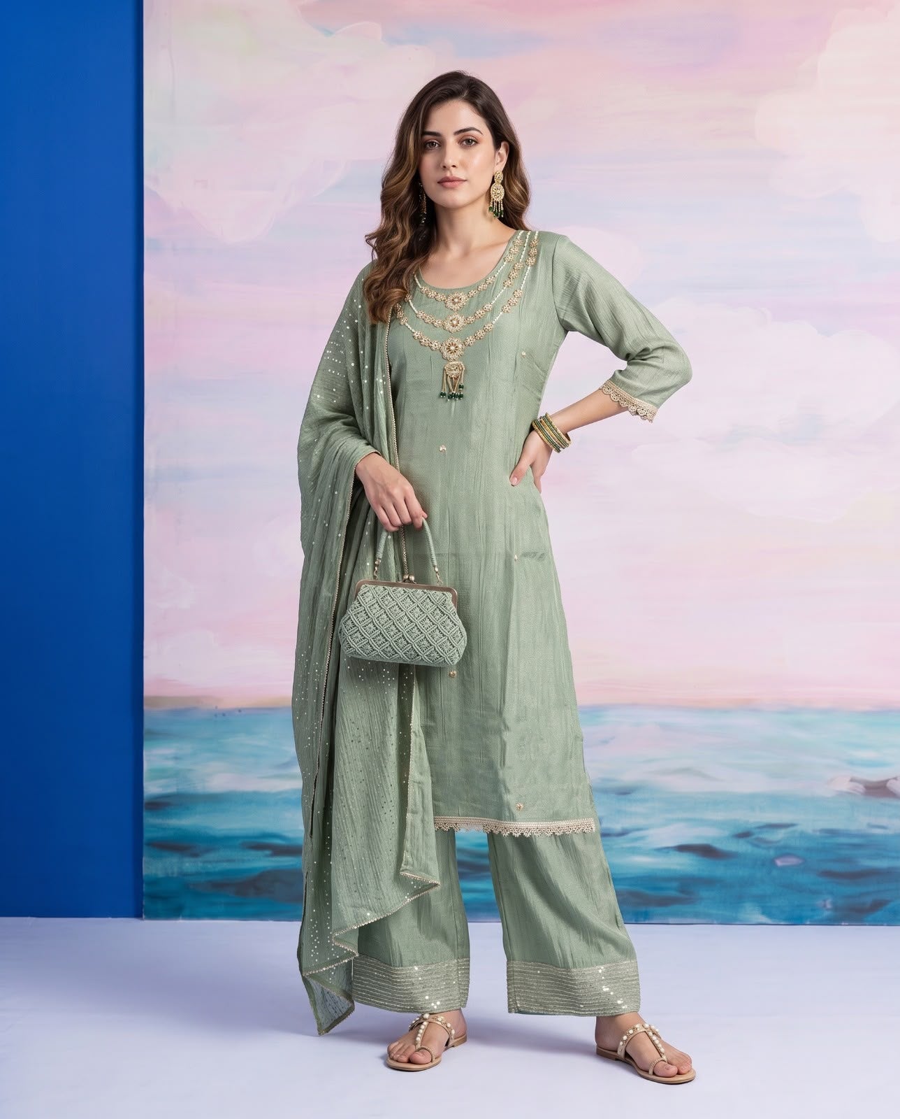 Designer Handwork Kurta Palazzo Set with Dupatta – Size L to 3XL