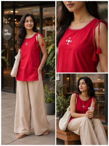 Dhabu Cotton Mirror & Thread Work Tunic Top (Pink)