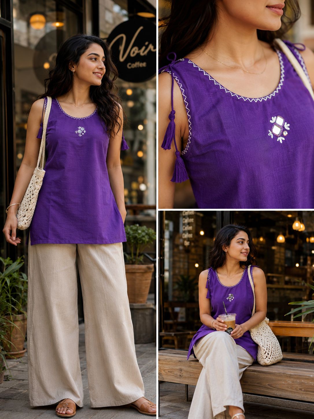 Dhabu Cotton Mirror & Thread Work Tunic Top (Purple)