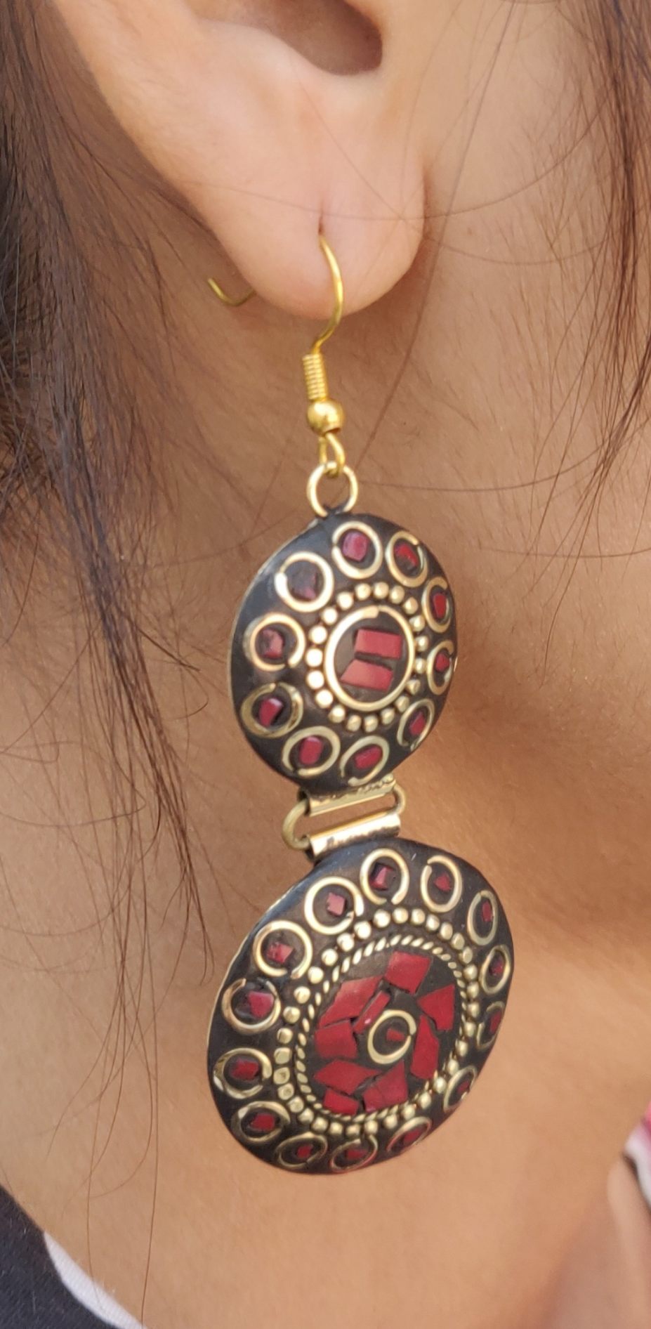 Double Layer Round Shape Earrings, Traditional Afghani Lac Tibetan Work Handmade Earrings