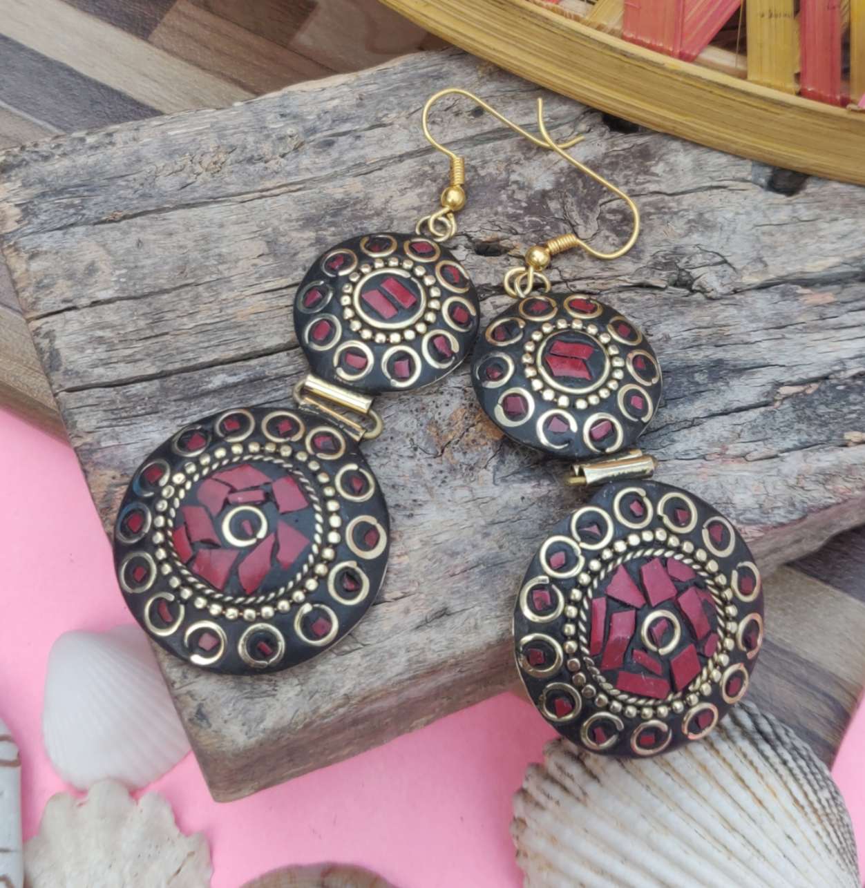 Double Layer Round Shape Earrings, Traditional Afghani Lac Tibetan Work Handmade Earrings