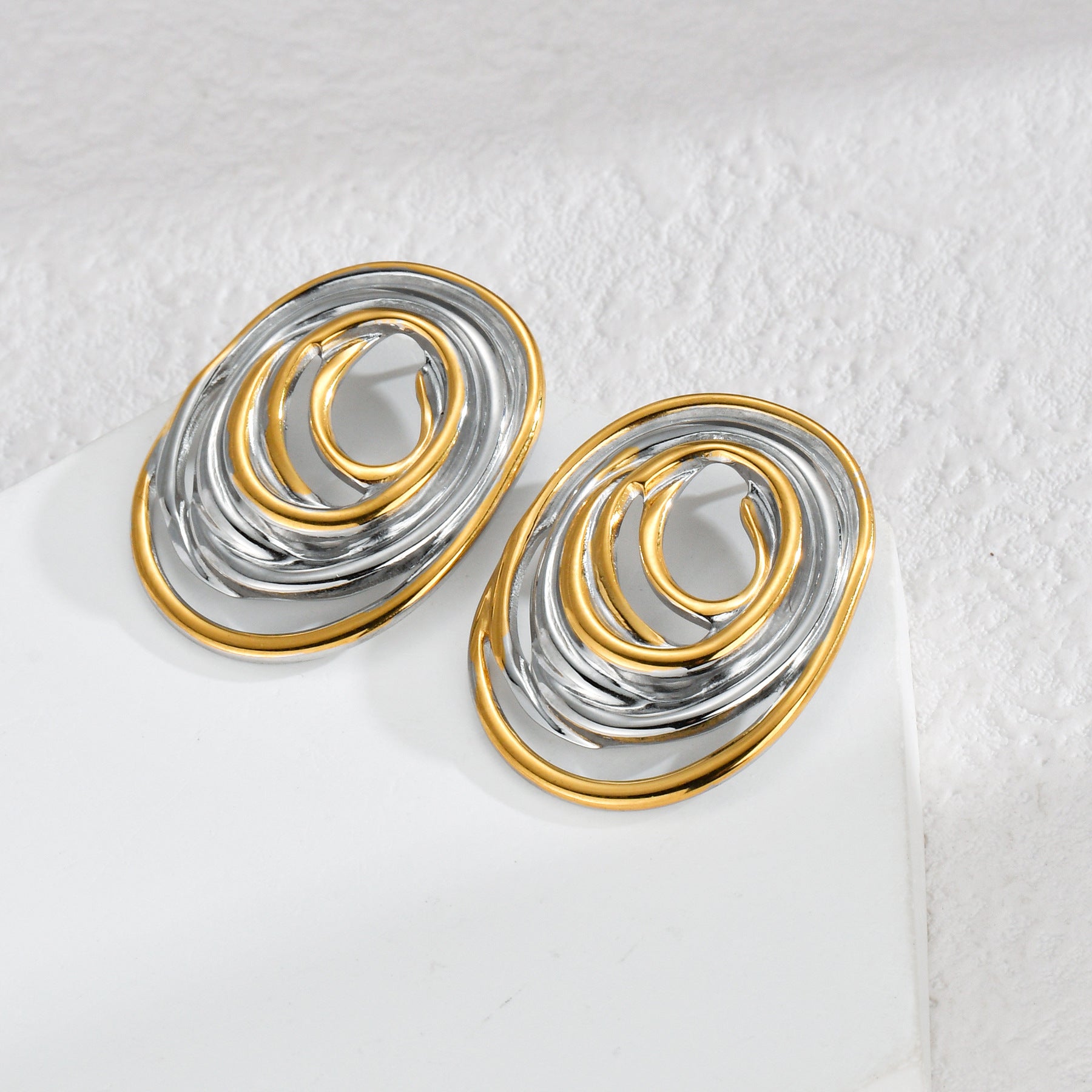 Dual-Toned Anti-Tarnish Artistic Swirl Stud Earrings