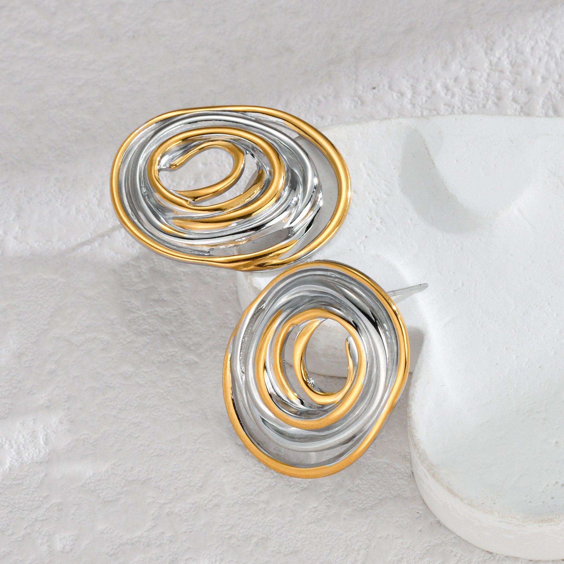 Dual-Toned Anti-Tarnish Artistic Swirl Stud Earrings