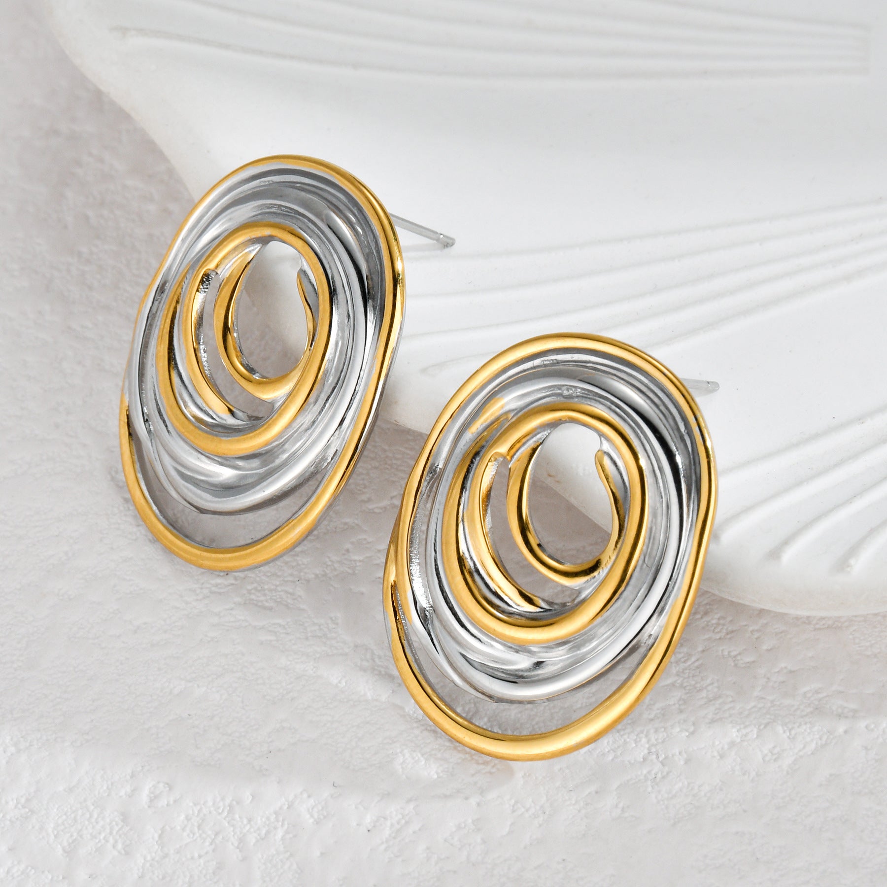 Dual-Toned Anti-Tarnish Artistic Swirl Stud Earrings