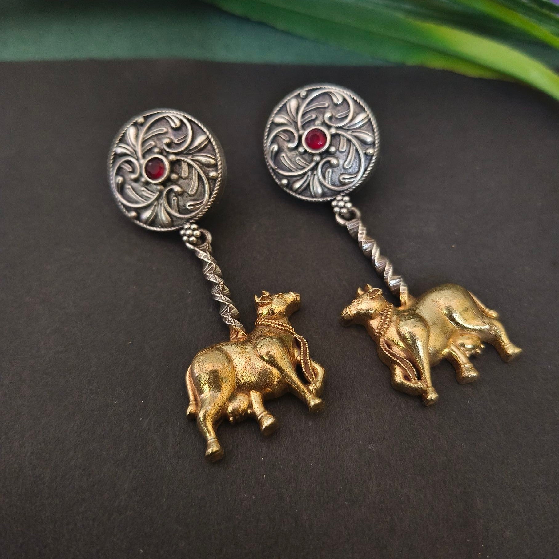 Dual-Tone Celestial Cow Kamdhenu Brass Oxidised Dangler Earrings