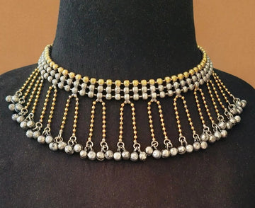 Dual-Tone Designer Silver & Gold-Plated Beaded Tassel Choker Necklace