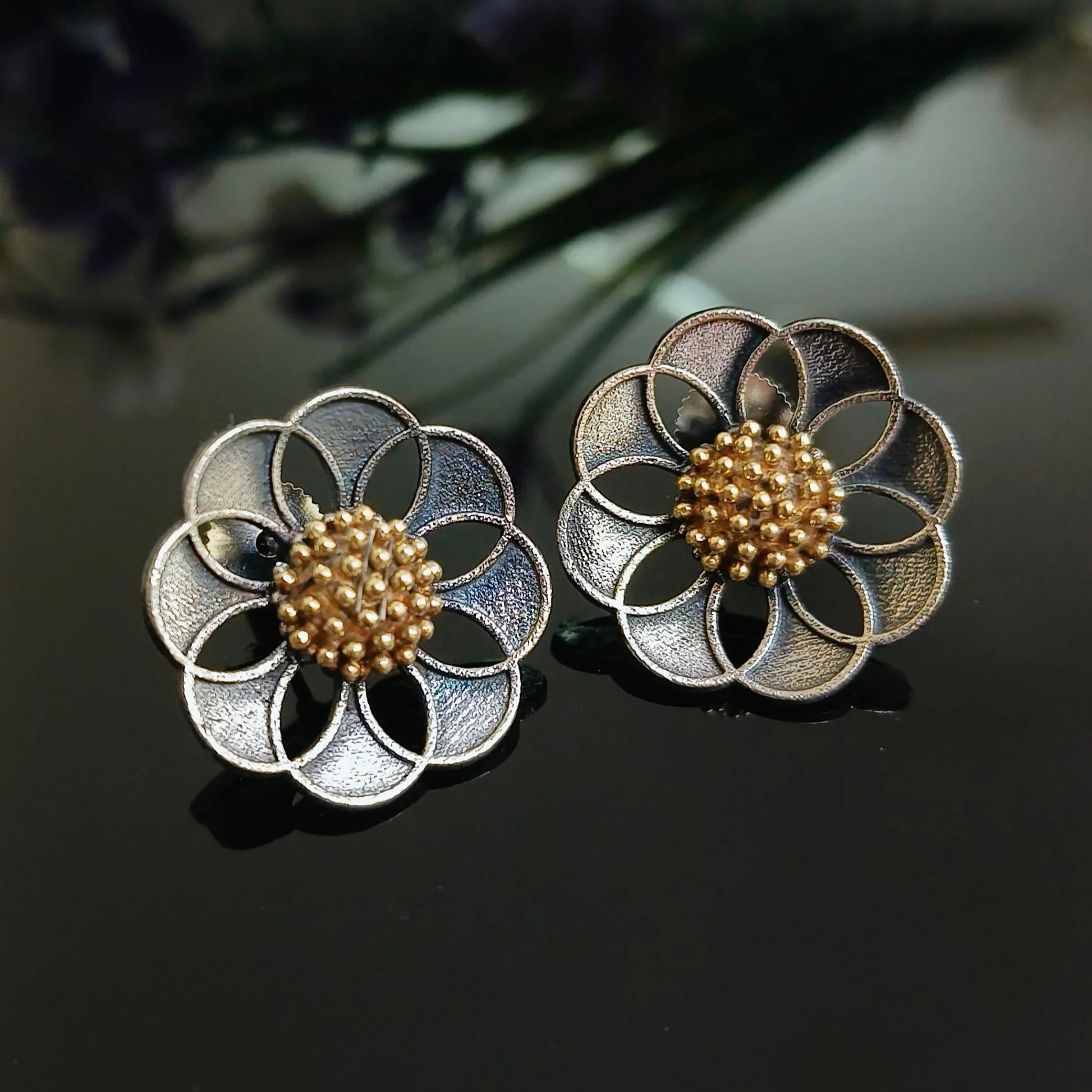 Dual-Tone Oxidised Floral Design Stud Earrings