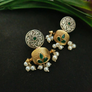 Dual-Tone Oxidised Partywear Pearl & Stone Embellished Earrings