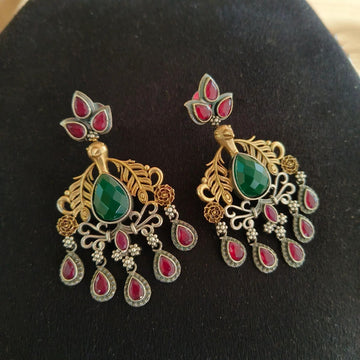 Dual-Tone Peacock Design Stone-Studded Dangler Earrings (Green & Red)