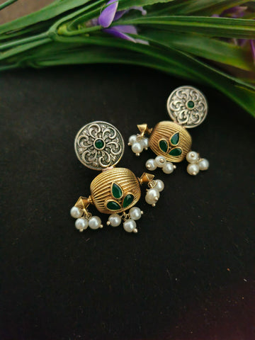 Dual-toned Cocktail Dangle Earrings, Pearl & Green Stone Embellished Partywear Earrings (MDYJ1063)