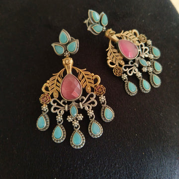 Dual Tone Dangler Earrings, Golden Peacock Stone Studded Earrings, Pink & Mint (MDYJ1045)