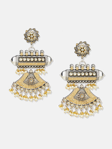 Dual Tone Kundan-Studded Earrings, German Silver Contemporary Partywear Earrings For Women (MKMH1044)