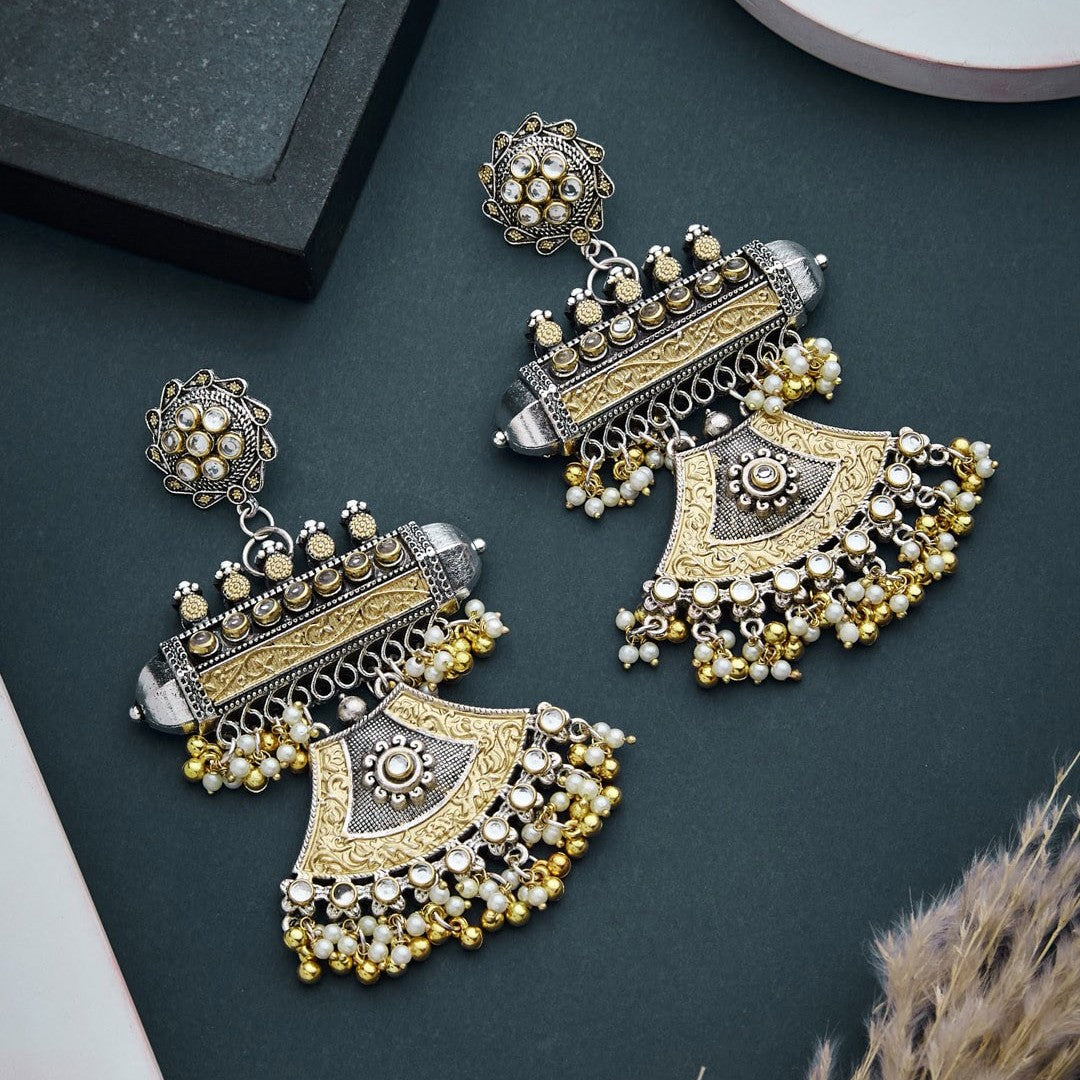 Dual Tone Kundan Pearl Embellished Partywear Dangler Earrings