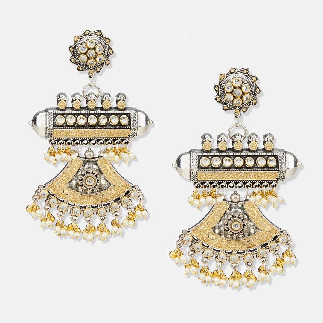 Dual Tone Kundan Pearl Embellished Partywear Dangler Earrings