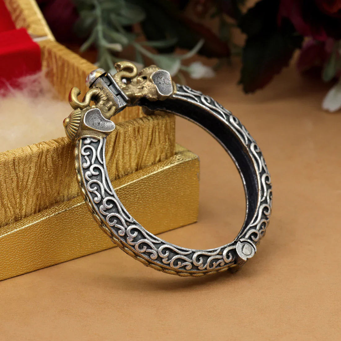 Dual Tone Oxidised Silver Elephant Motif Openable Kada Bangle