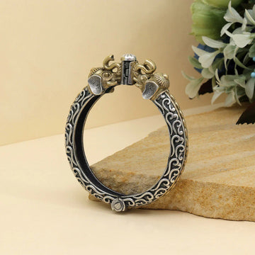 Dual Tone Oxidised Silver Elephant Motif Openable Kada Bangle