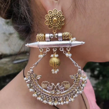 Dual Tone Peacock Design Crescent Shaped Chandbali Earrings