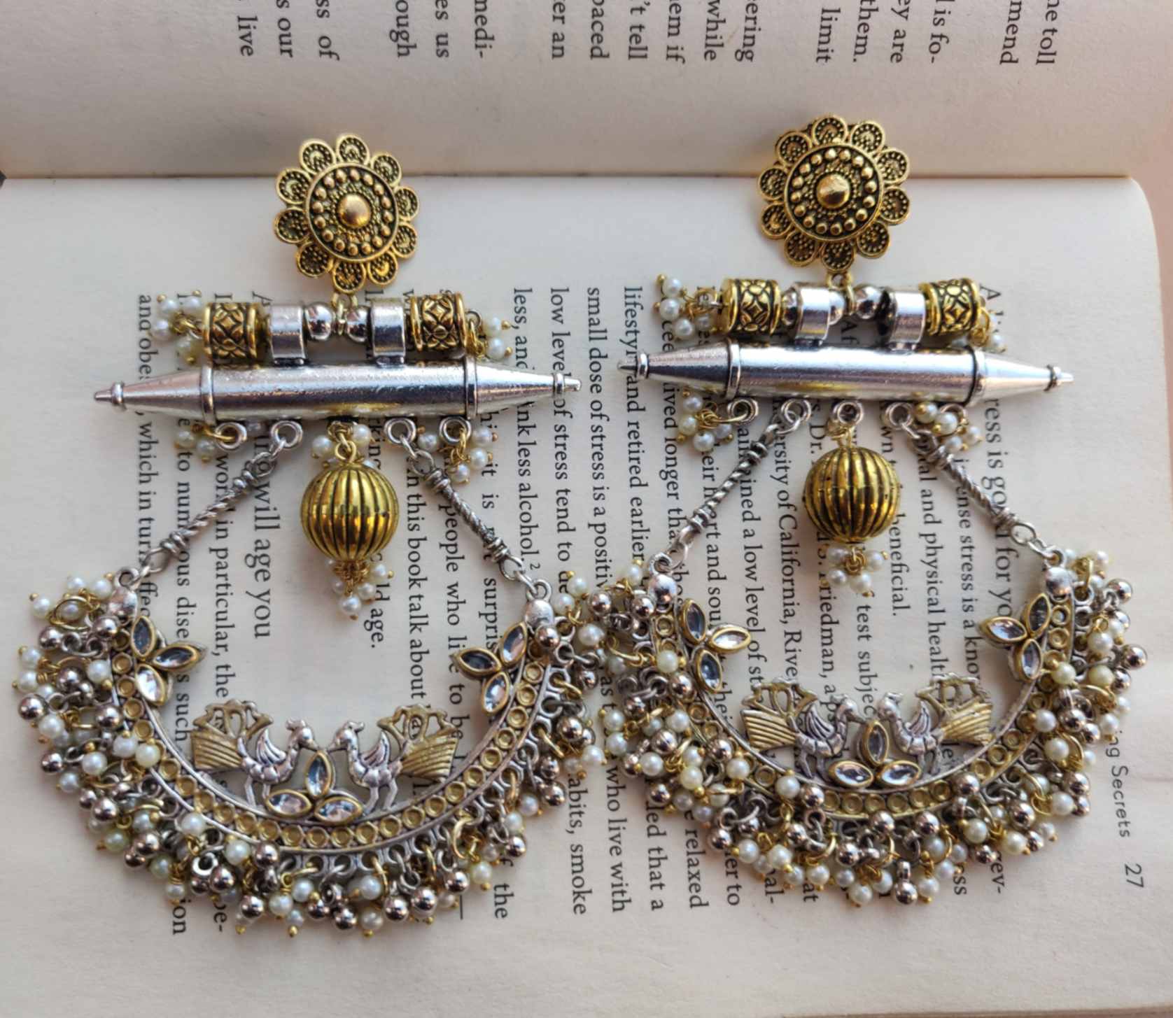 Dual Tone Peacock Design Crescent Shaped Chandbali Earrings