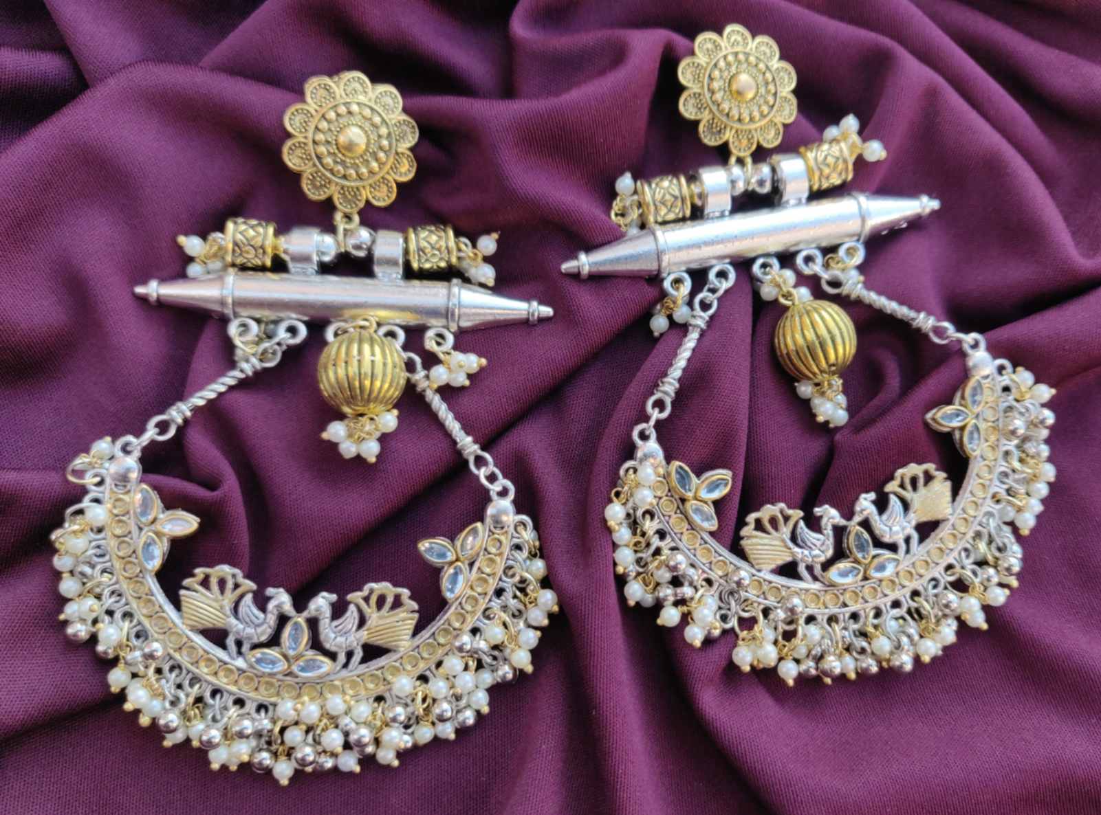 Dual Tone Peacock Design Crescent Shaped Chandbali Earrings