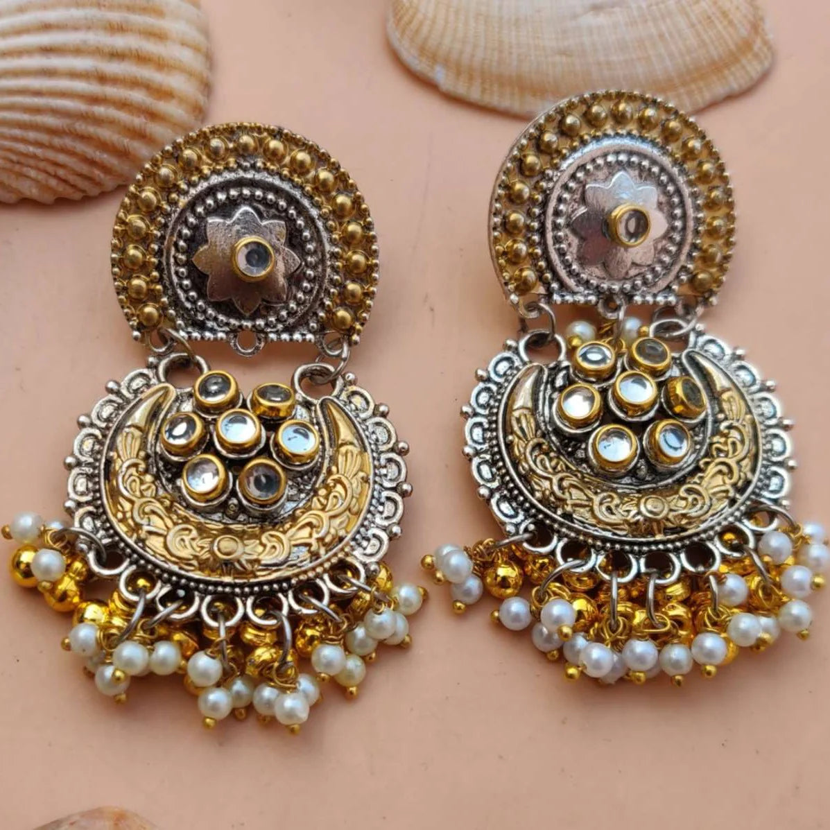 Dual Tone Pearl & Kundan Stone-Studded Partywear Chandbali Earrings