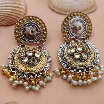 Dual Tone Pearl & Kundan Stone-Studded Partywear Chandbali Earrings