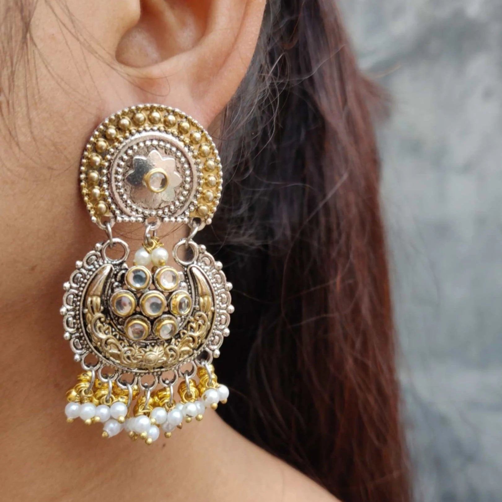 Dual Tone Pearl & Kundan Stone-Studded Partywear Chandbali Earrings