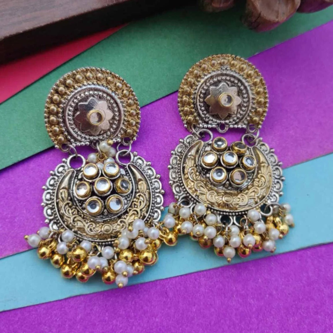 Dual Tone Pearl & Kundan Stone-Studded Partywear Chandbali Earrings