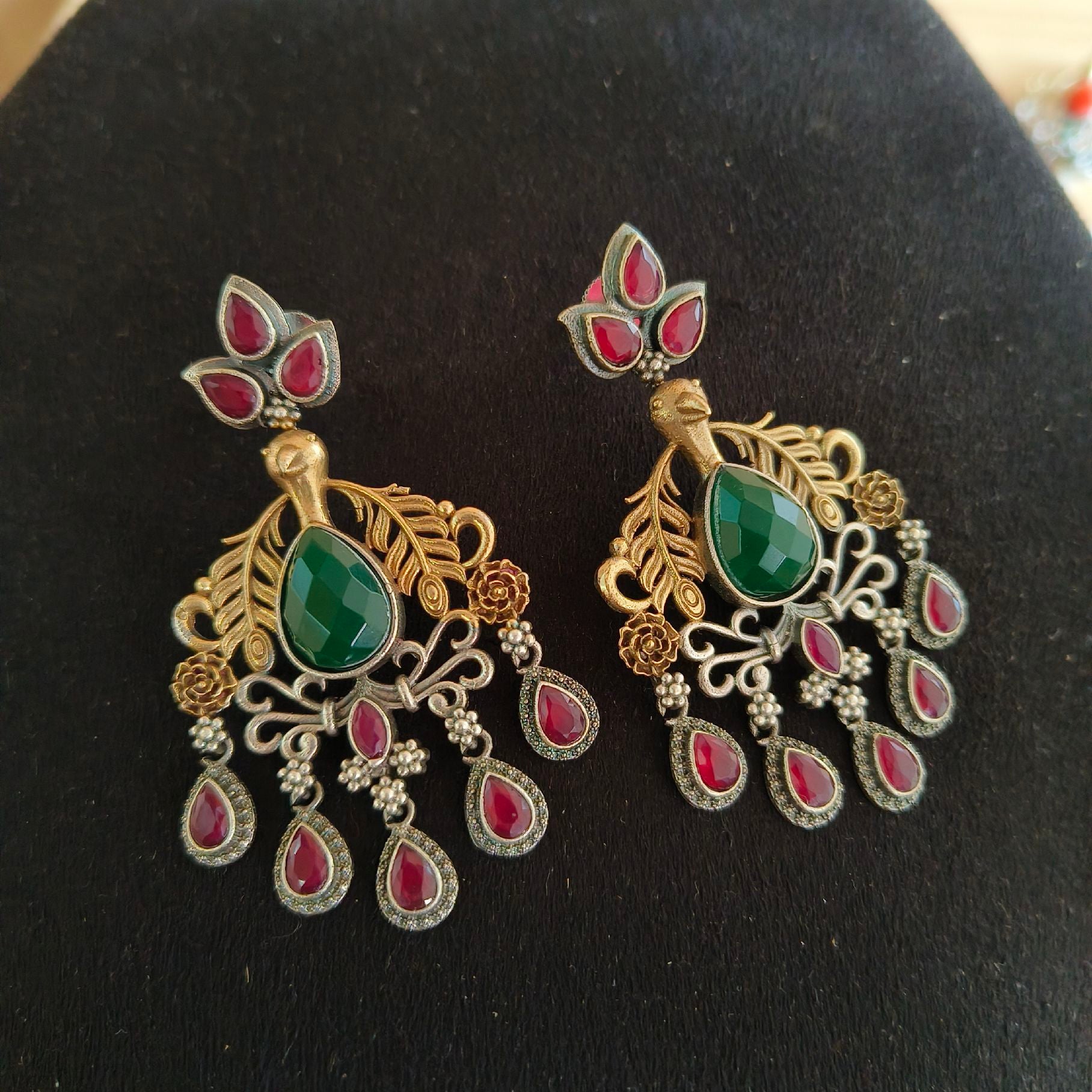 Dual Tone Stone Studded Earrings, Golden Peacock Dangler Earrings, Green & Red (MDYJ1044)