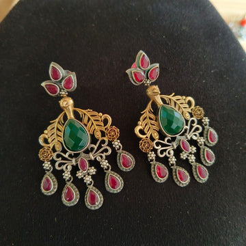 Dual Tone Stone Studded Earrings, Golden Peacock Dangler Earrings, Green & Red (MDYJ1044)