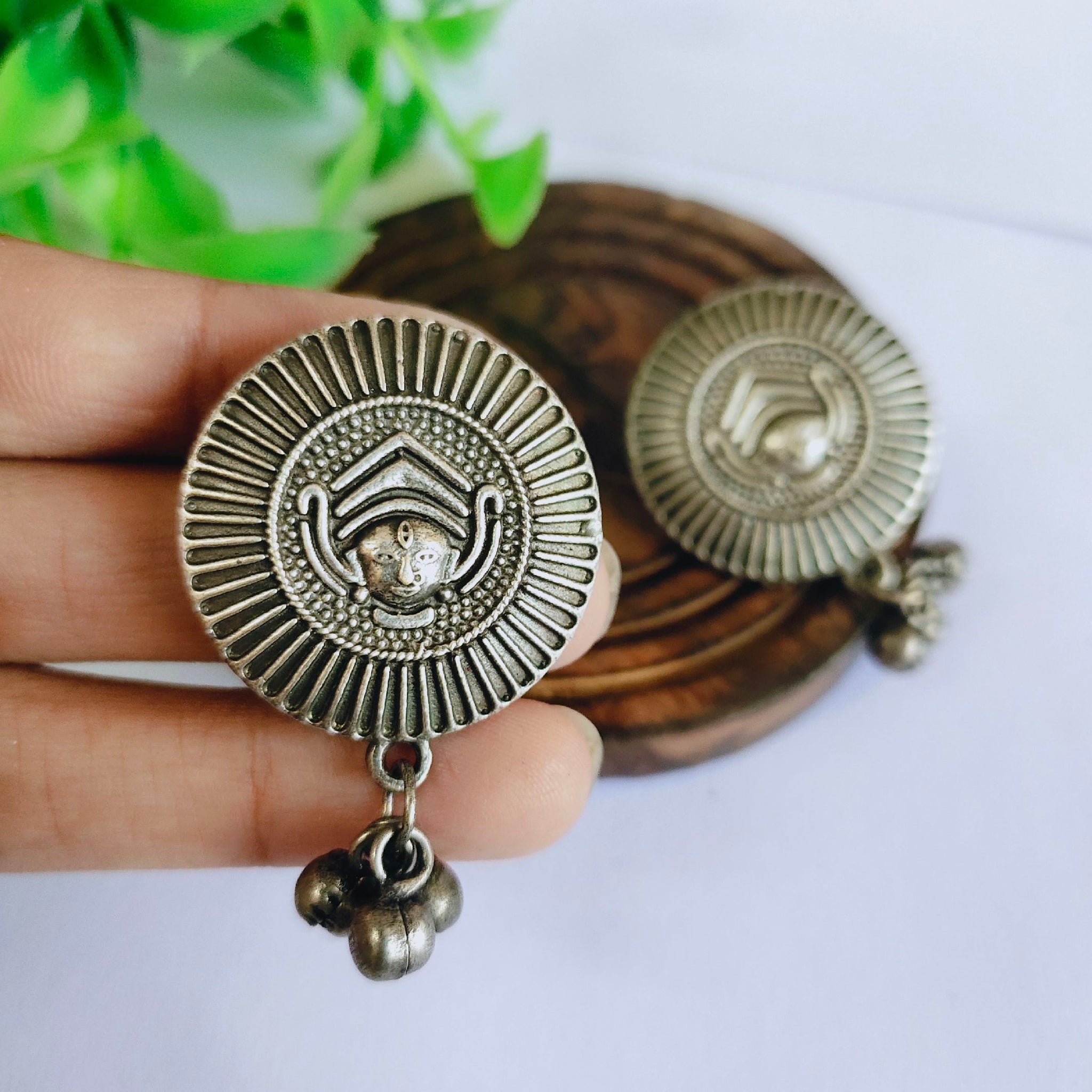 Durga Maa Stud With Ghungroo Earrings, Oxidised Silver-Toned Earrings (MDYJ1003)