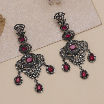 Elegant Rani Color Glass Stone Studded Korean Style Earrings, Black & Silver Plated Dangle Earrings For Women (MJPM1029)