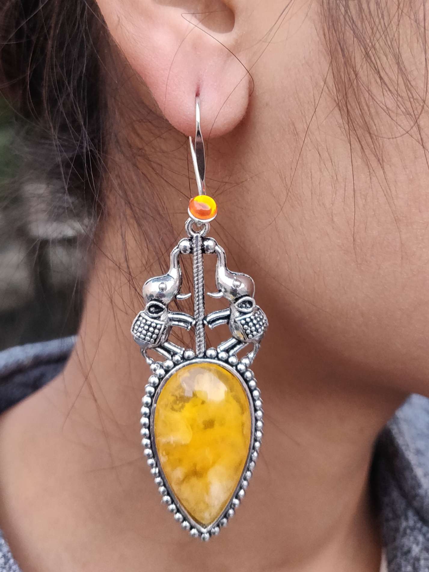 Elephant Design Dangler Earrings, Yellow