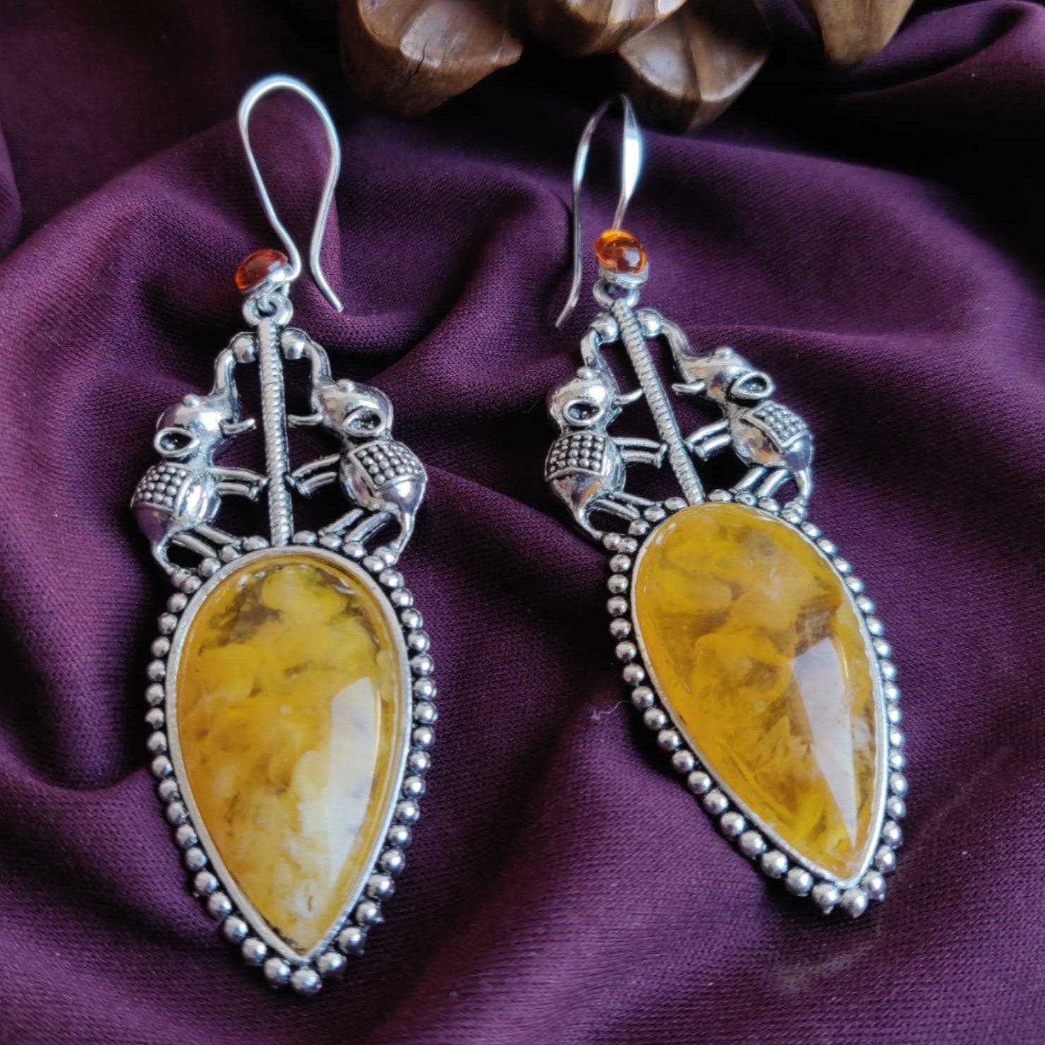 Elephant Design Dangler Earrings, Yellow