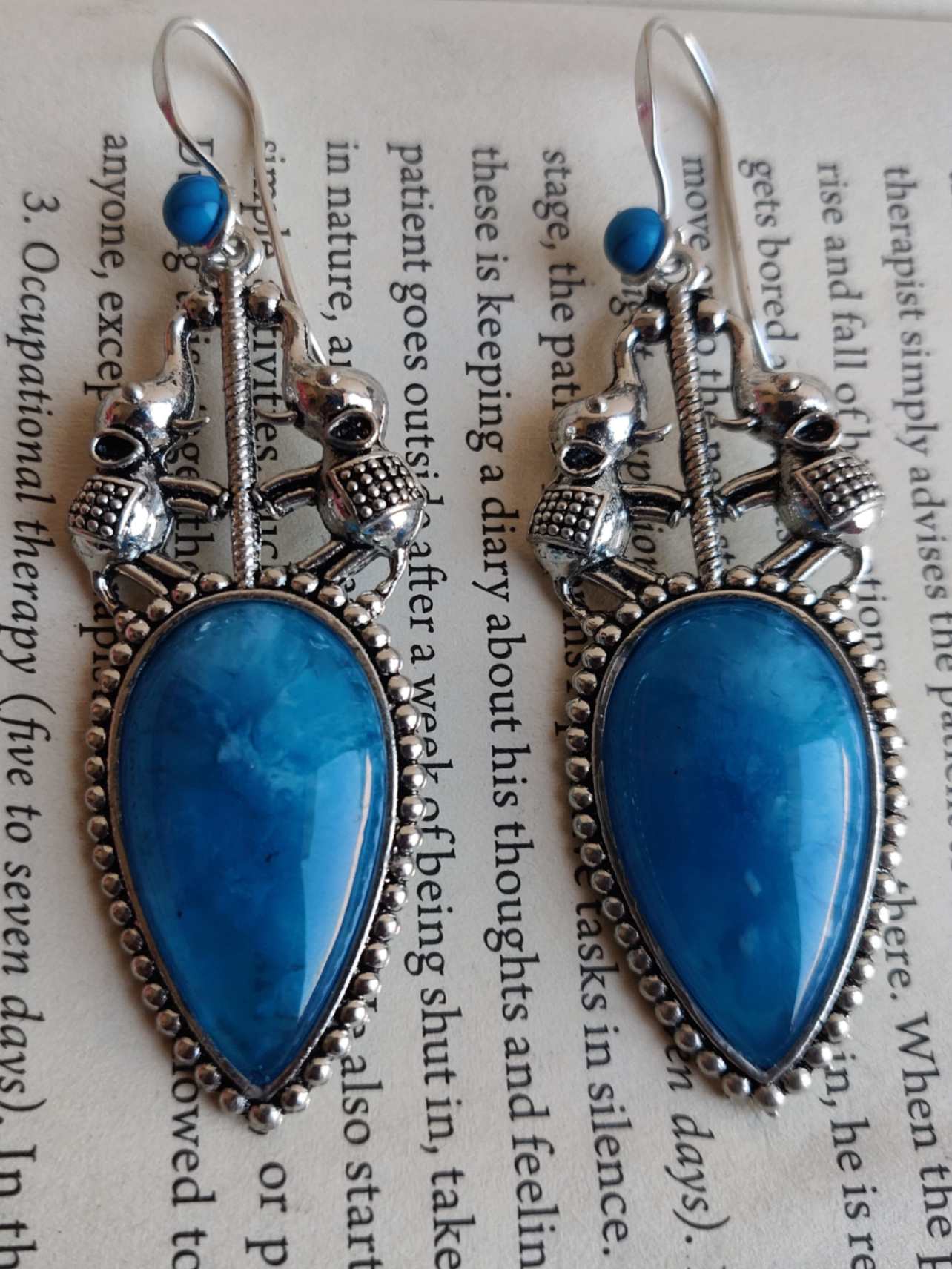 Elephant Design Drop-shaped Earrings, Blue Stone German Silver Dangler Jewellery (MKMH1030)