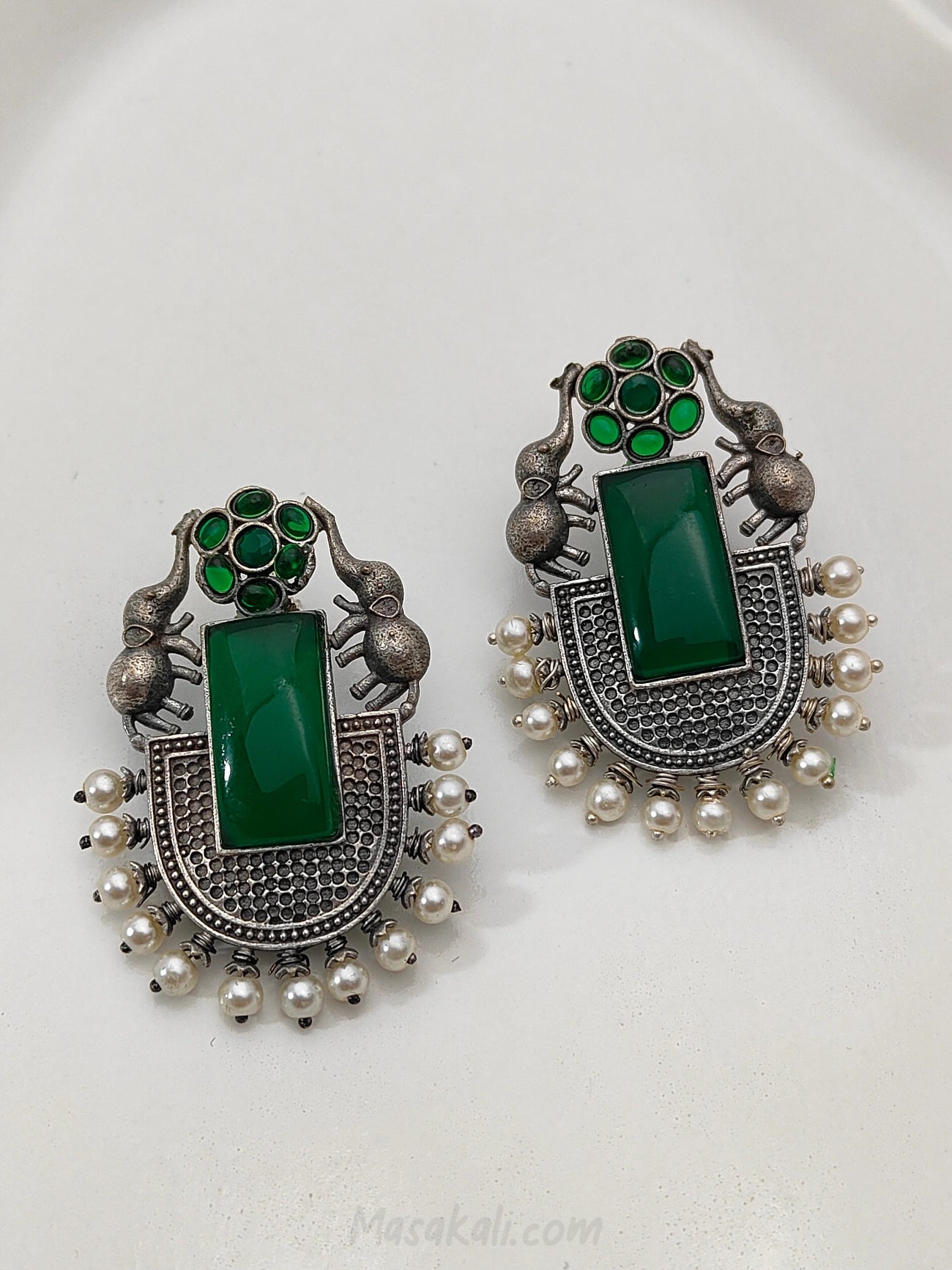 Elephant Design Earrings, Green Stone Earrings, Handmade Earrings, Beaded Earrings, Silver Oxidised Earrings
