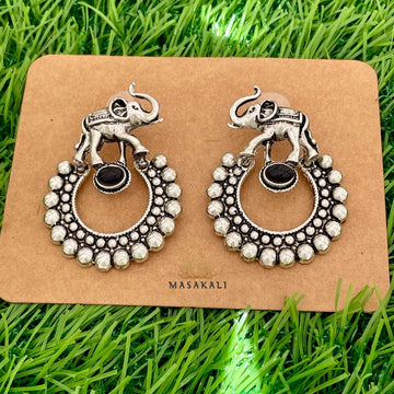 Elephant Shaped Silver Oxidised Dangler Earrings