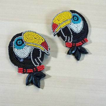 Embroidered Black Toucan Bird Quirky Earrings