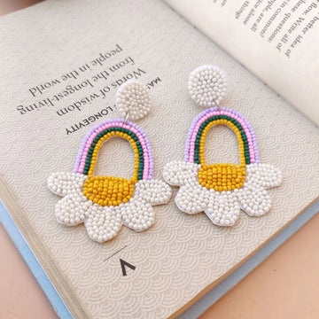 Embroidered Quirky Floral Design Beaded Dangler Earrings