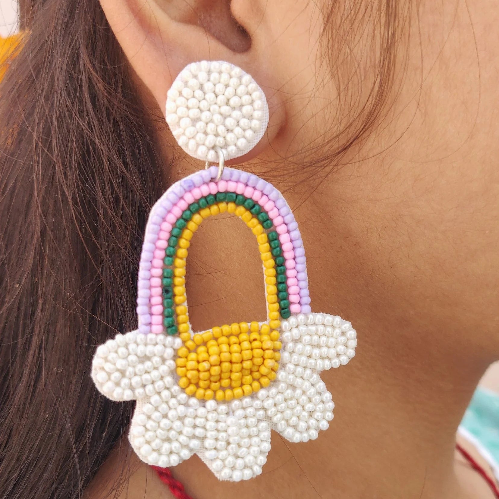 Embroidered Quirky Floral Design Beaded Dangler Earrings