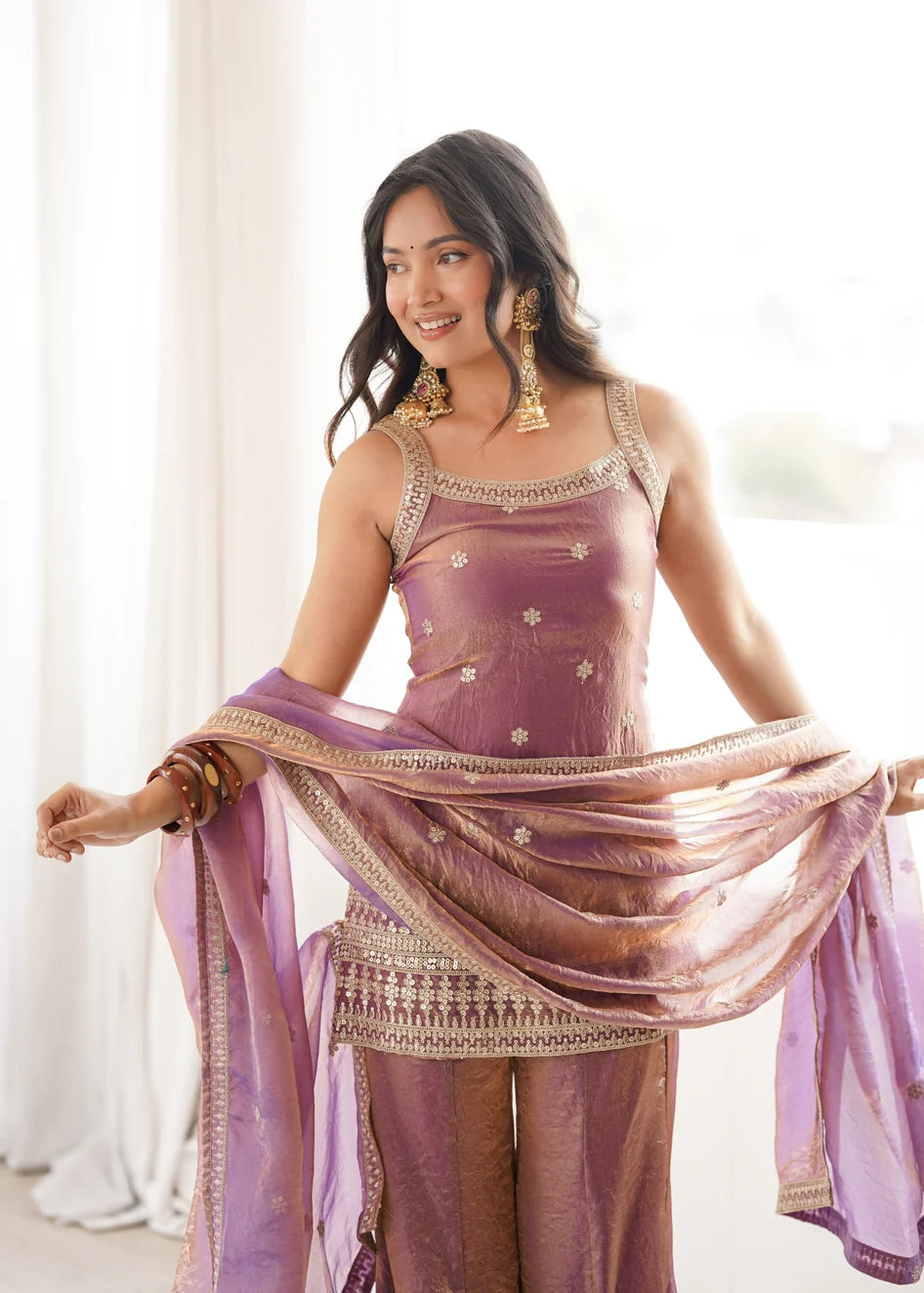 Masakali Embroidered Silk Corset Kurti With Sharara & Dupatta (Mauve Mist)