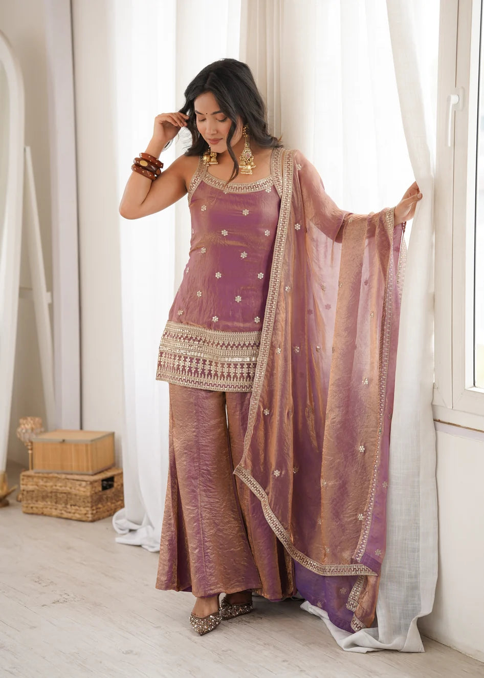 Masakali Embroidered Silk Corset Kurti With Sharara & Dupatta (Mauve Mist)