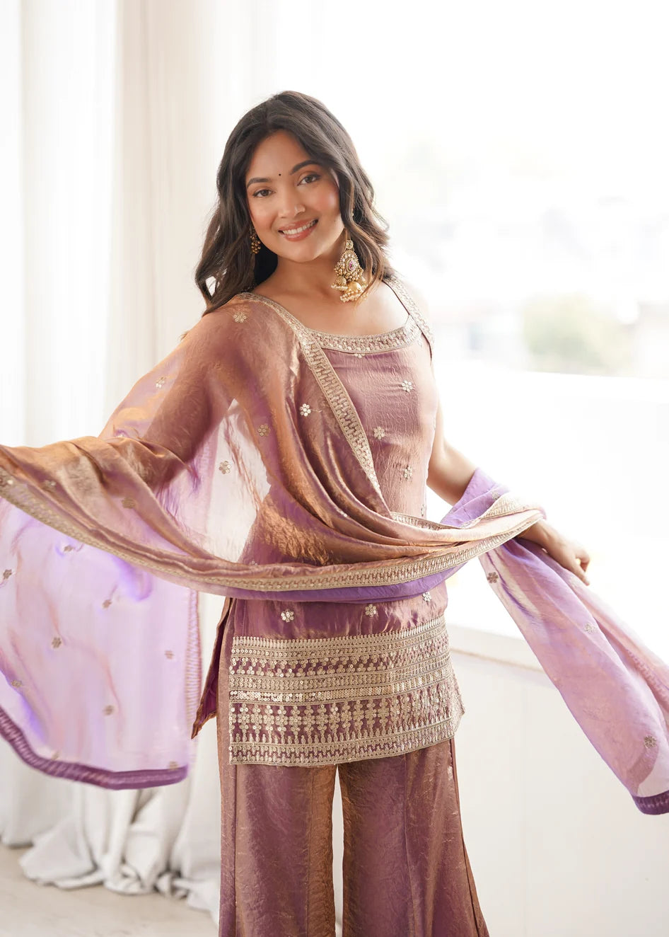 Masakali Embroidered Silk Corset Kurti With Sharara & Dupatta (Mauve Mist)