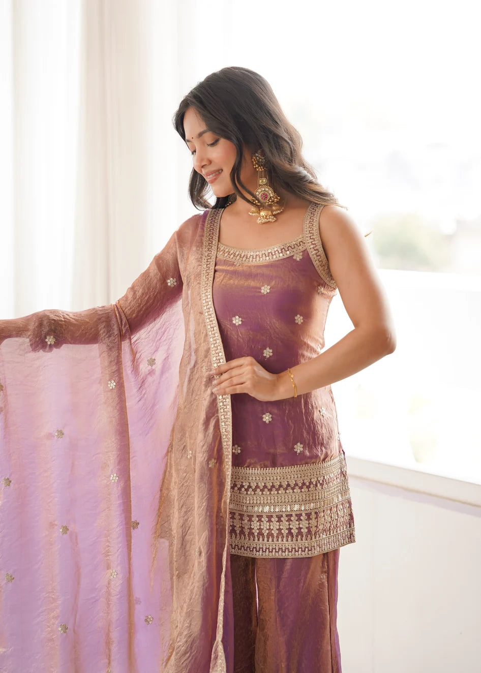 Masakali Embroidered Silk Corset Kurti With Sharara & Dupatta (Mauve Mist)