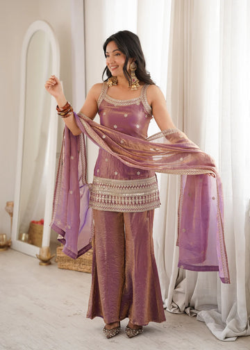 Masakali Embroidered Silk Corset Kurti With Sharara & Dupatta (Mauve Mist)