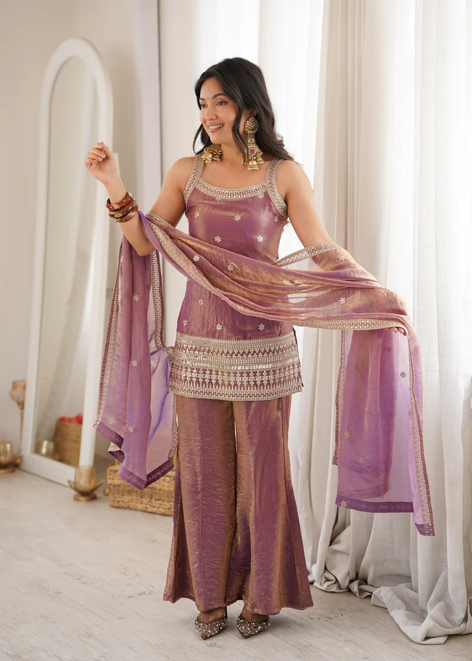 Masakali Embroidered Silk Corset Kurti With Sharara & Dupatta (Mauve Mist)