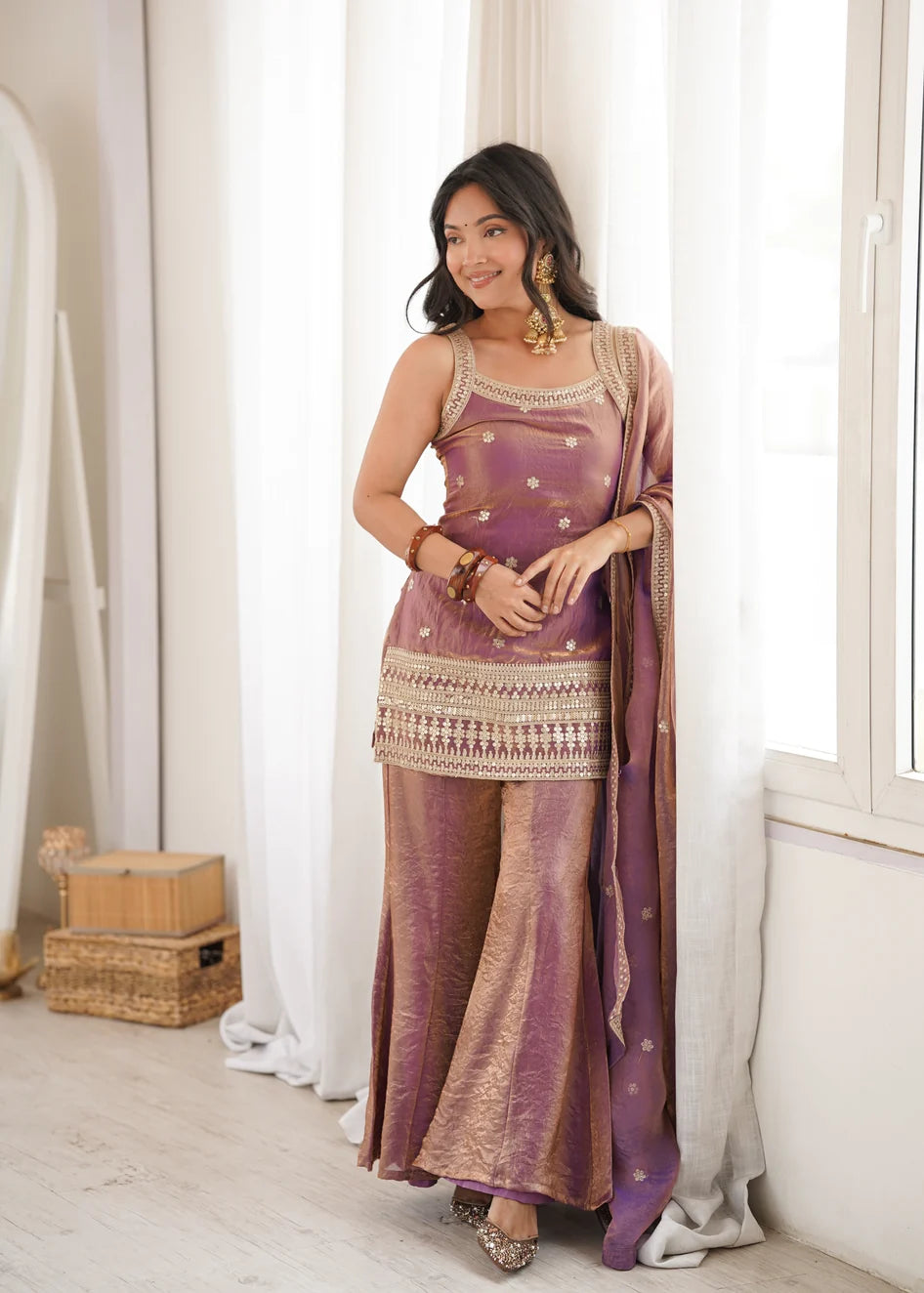 Masakali Embroidered Silk Corset Kurti With Sharara & Dupatta (Mauve Mist)