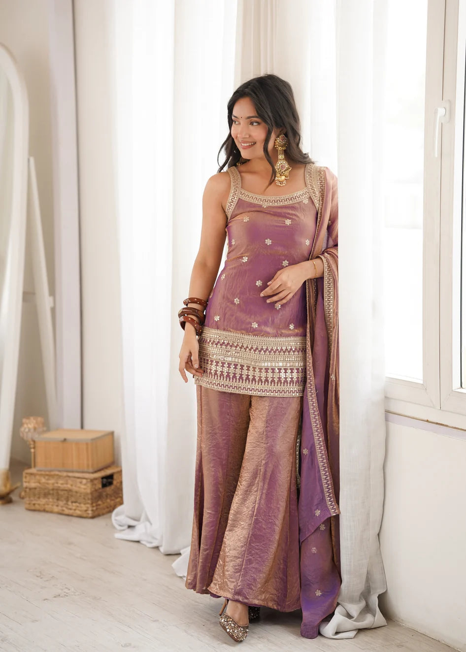 Masakali Embroidered Silk Corset Kurti With Sharara & Dupatta (Mauve Mist)
