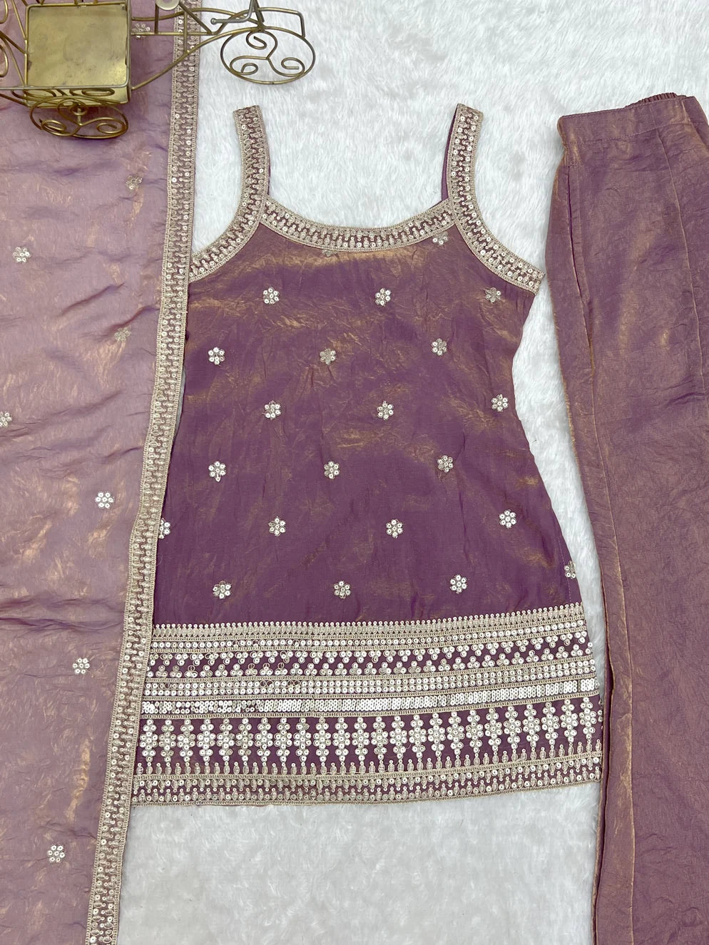 Masakali Embroidered Silk Corset Kurti With Sharara & Dupatta (Mauve Mist)